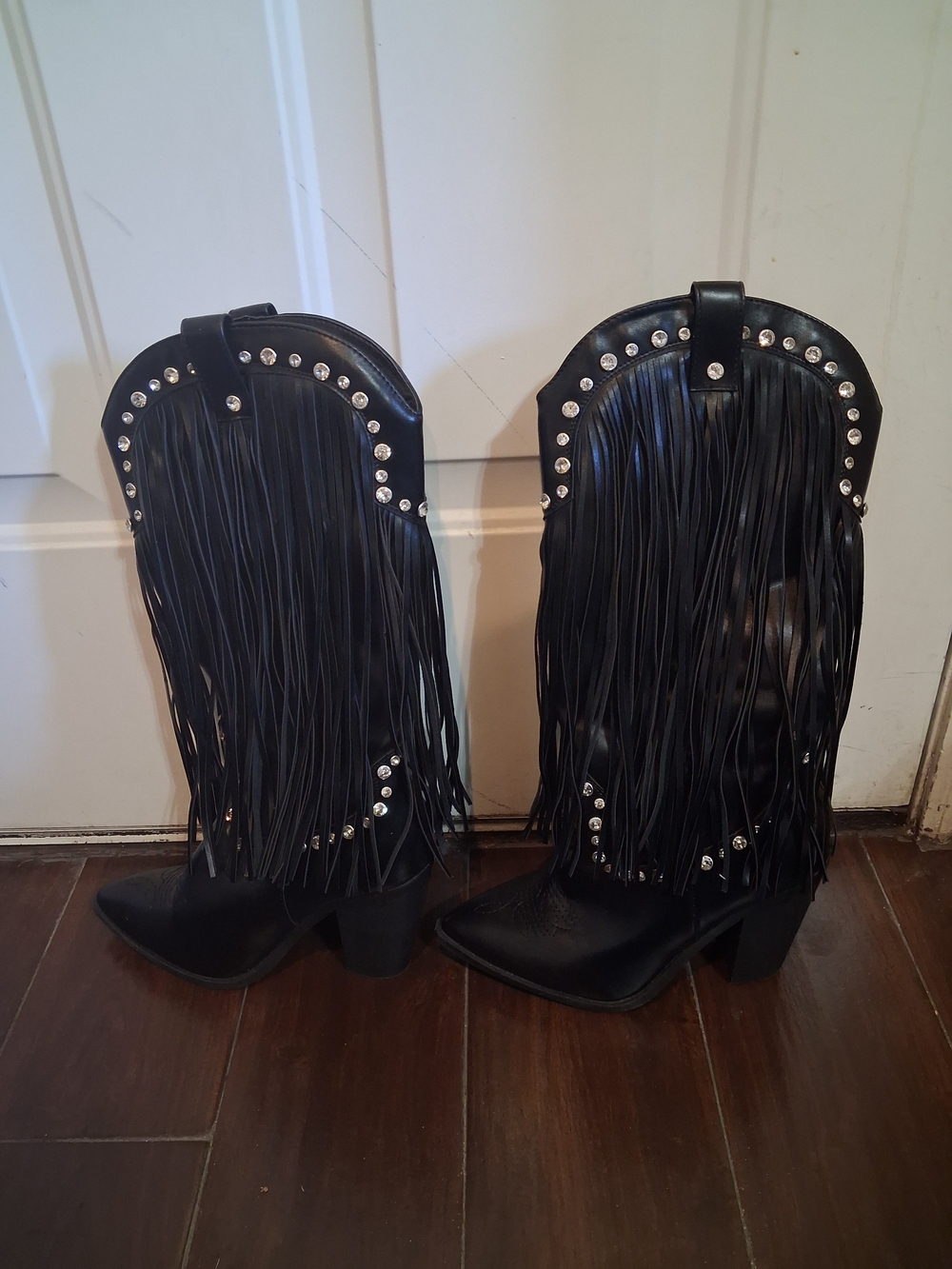 Black Fringe Western Boots with Stud Detail - Women